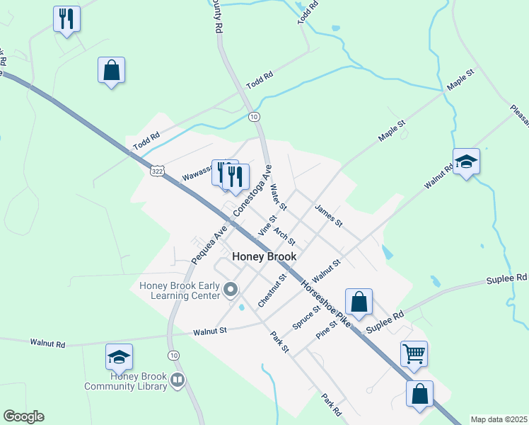map of restaurants, bars, coffee shops, grocery stores, and more near 641 Arch Street in Honey Brook