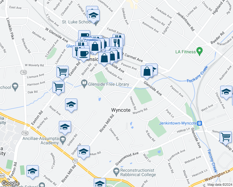 map of restaurants, bars, coffee shops, grocery stores, and more near 338 Hewett Road in Wyncote