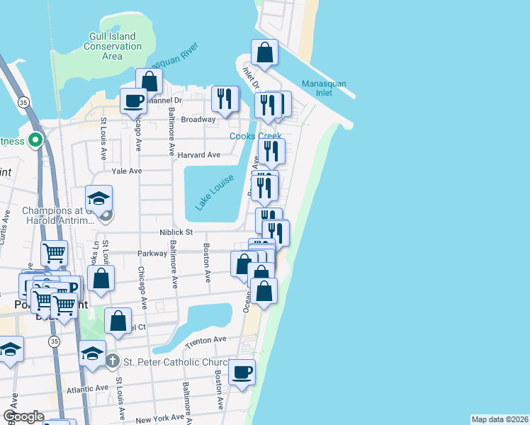 map of restaurants, bars, coffee shops, grocery stores, and more near 229 Ocean Avenue in Point Pleasant Beach