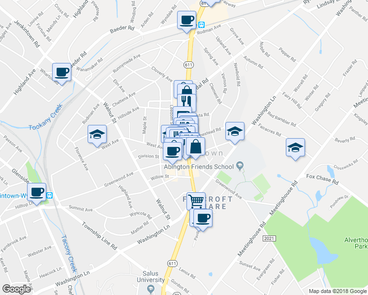 map of restaurants, bars, coffee shops, grocery stores, and more near in Jenkintown
