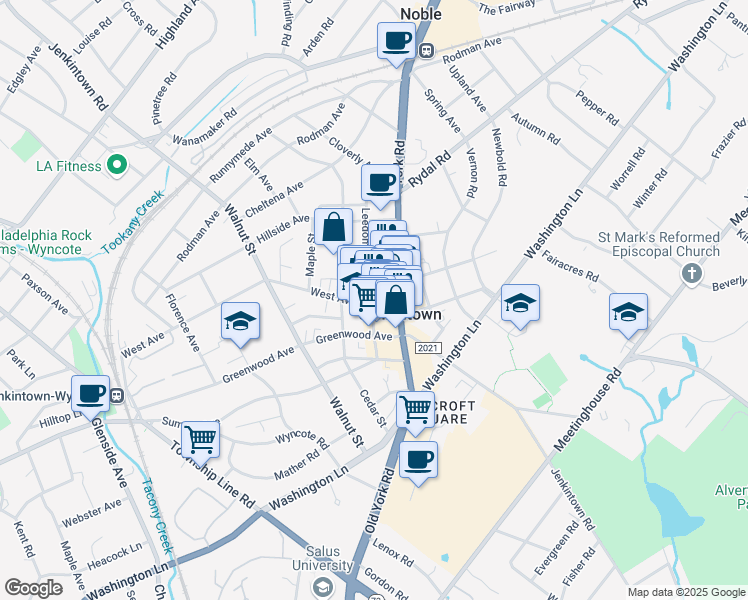 map of restaurants, bars, coffee shops, grocery stores, and more near 409 Leedom Street in Jenkintown