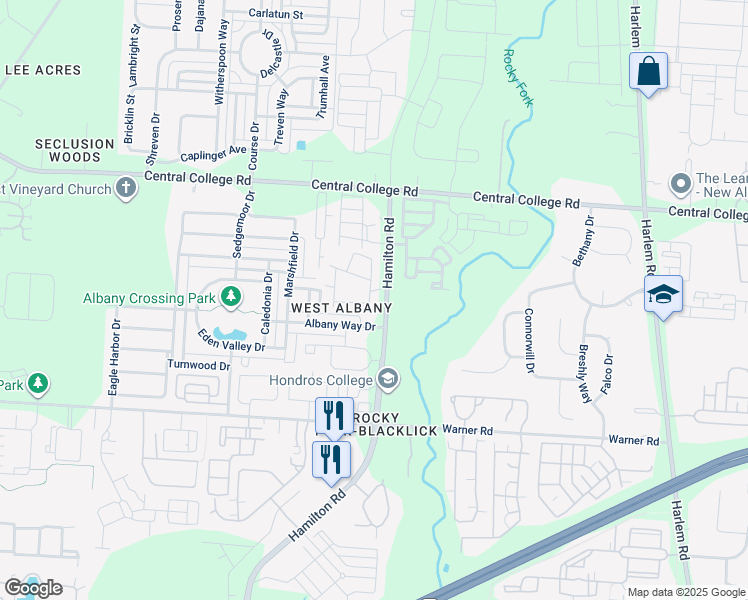 map of restaurants, bars, coffee shops, grocery stores, and more near 5675 Albany Reserve Drive in Westerville