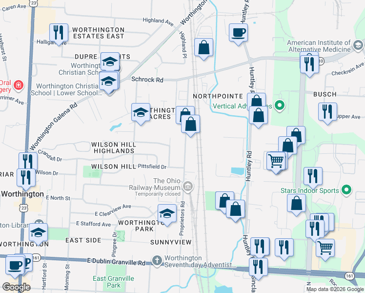 map of restaurants, bars, coffee shops, grocery stores, and more near 6381 Proprietors Road in Columbus