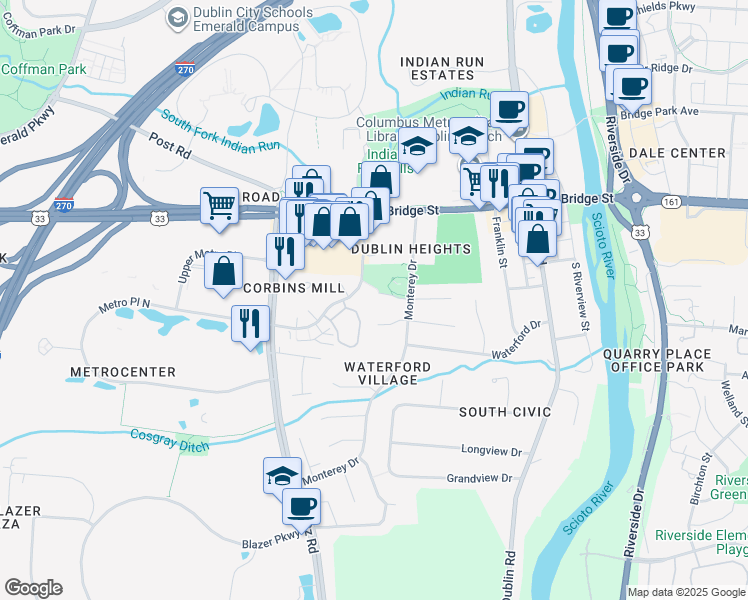 map of restaurants, bars, coffee shops, grocery stores, and more near 345 Clover Lane in Dublin