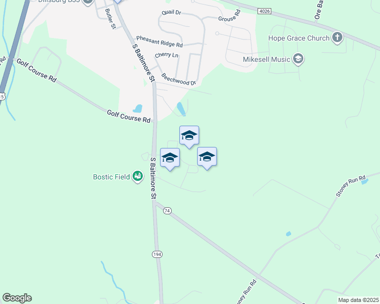 map of restaurants, bars, coffee shops, grocery stores, and more near 653 South Baltimore Street in Dillsburg