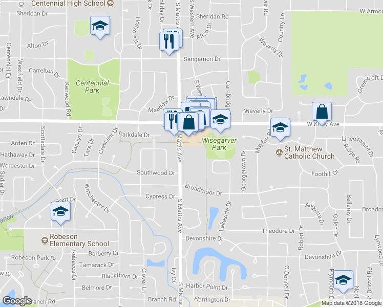 map of restaurants, bars, coffee shops, grocery stores, and more near 1702 South Mattis Avenue in Champaign