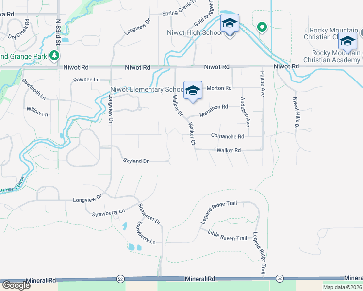 map of restaurants, bars, coffee shops, grocery stores, and more near 8777 Comanche Road in Niwot