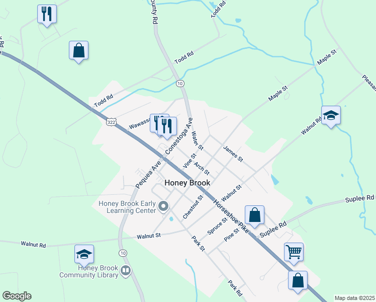 map of restaurants, bars, coffee shops, grocery stores, and more near 641 Arch Street in Honey Brook