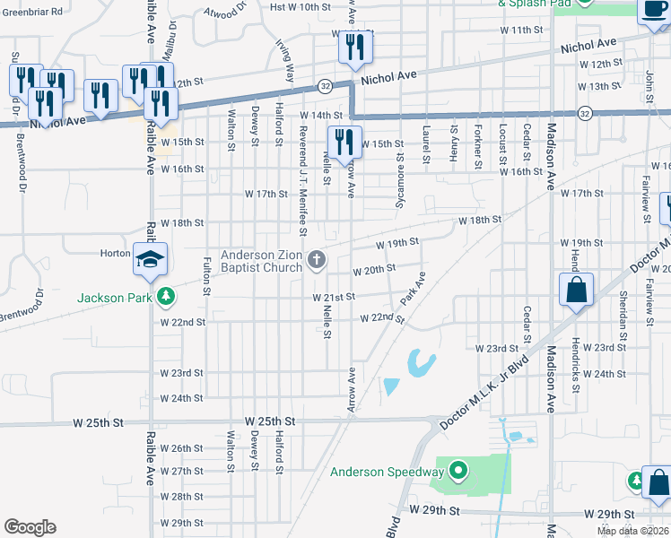 map of restaurants, bars, coffee shops, grocery stores, and more near 1914 Nelle Street in Anderson