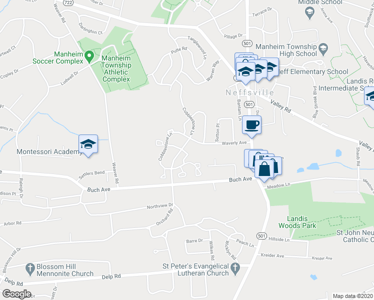 map of restaurants, bars, coffee shops, grocery stores, and more near 547 Cobblestone Lane in Lancaster