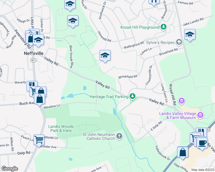 map of restaurants, bars, coffee shops, grocery stores, and more near 361 Valley Road in Lancaster