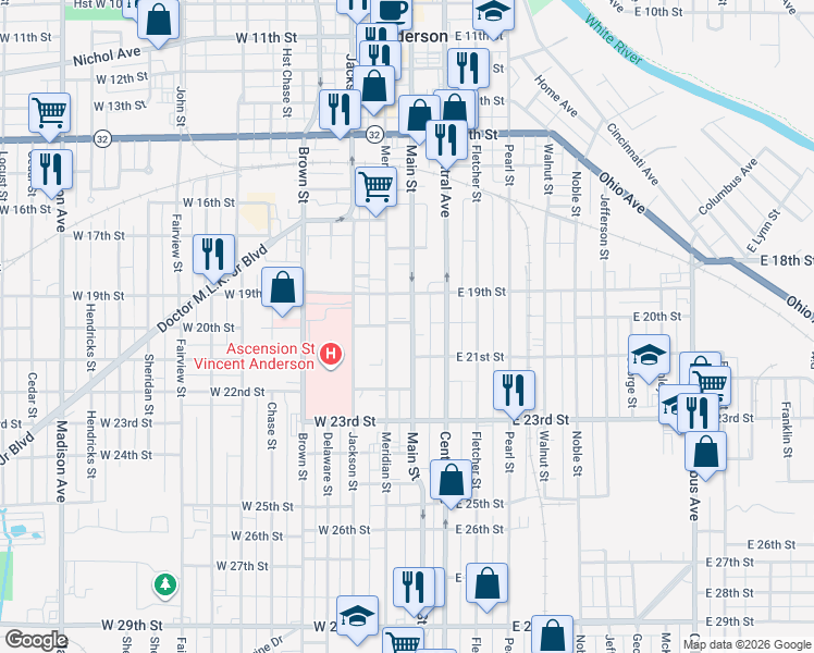 map of restaurants, bars, coffee shops, grocery stores, and more near 2020 East 20th Street in Anderson