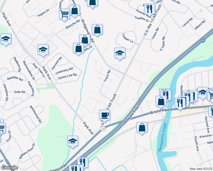 map of restaurants, bars, coffee shops, grocery stores, and more near 1017 Weybridge Court in Bucks County