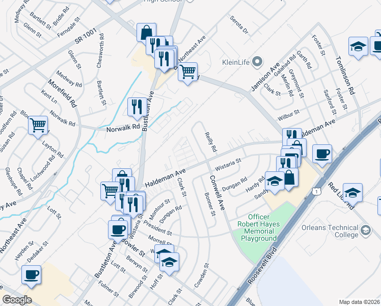 map of restaurants, bars, coffee shops, grocery stores, and more near 9926 Haldeman Avenue in Philadelphia