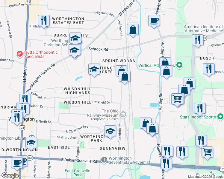 map of restaurants, bars, coffee shops, grocery stores, and more near Ridgedale Dr N & Eastfield Rd in Worthington