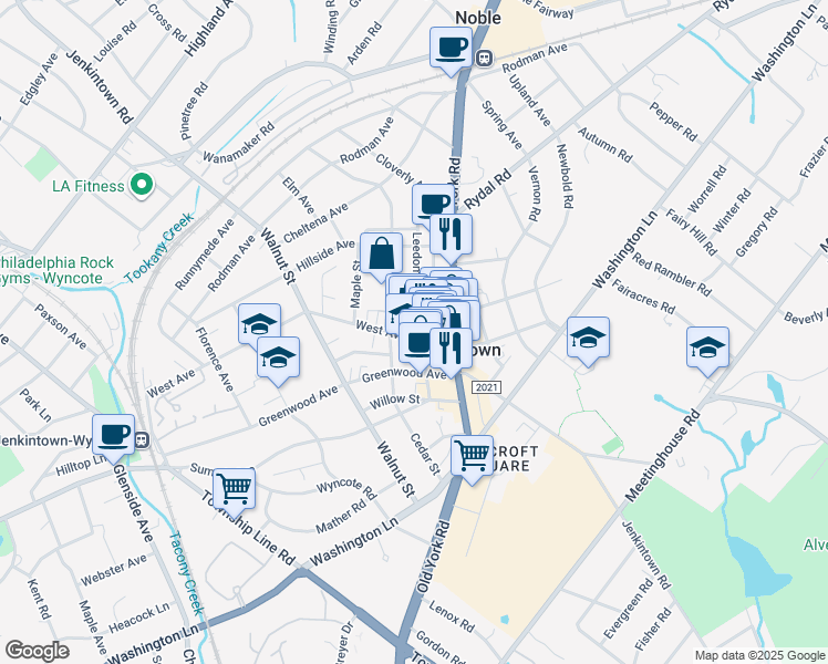 map of restaurants, bars, coffee shops, grocery stores, and more near 409 Leedom Street in Jenkintown