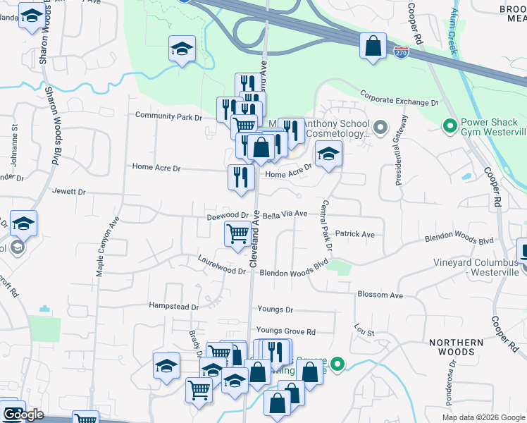 map of restaurants, bars, coffee shops, grocery stores, and more near 6050 Cleveland Avenue in Columbus