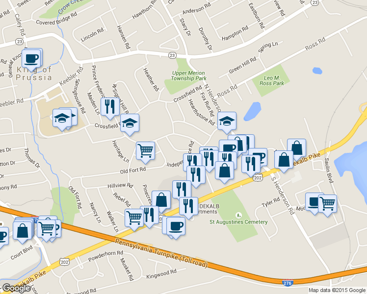 map of restaurants, bars, coffee shops, grocery stores, and more near 236 Strawberry Lane in King of Prussia
