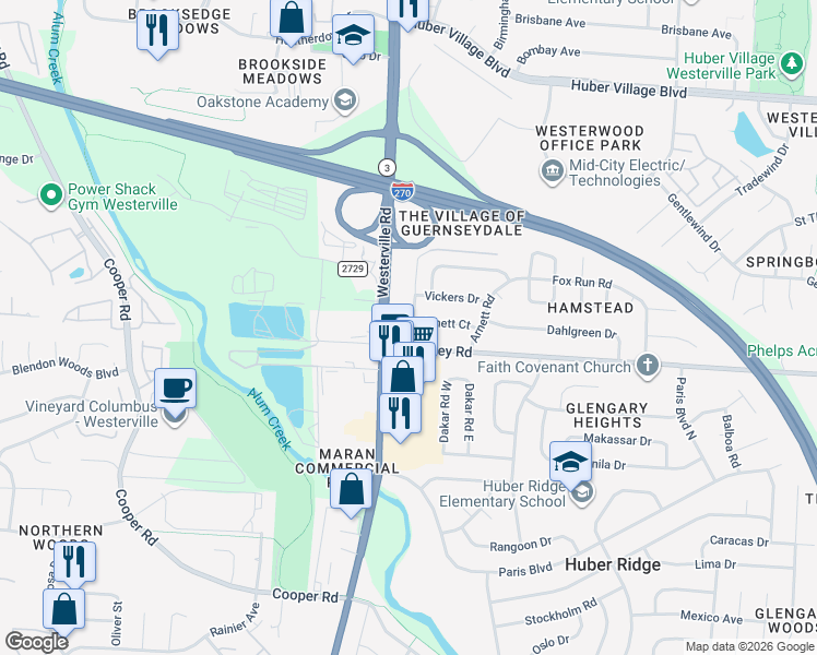 map of restaurants, bars, coffee shops, grocery stores, and more near 6060 Reno Drive in Westerville
