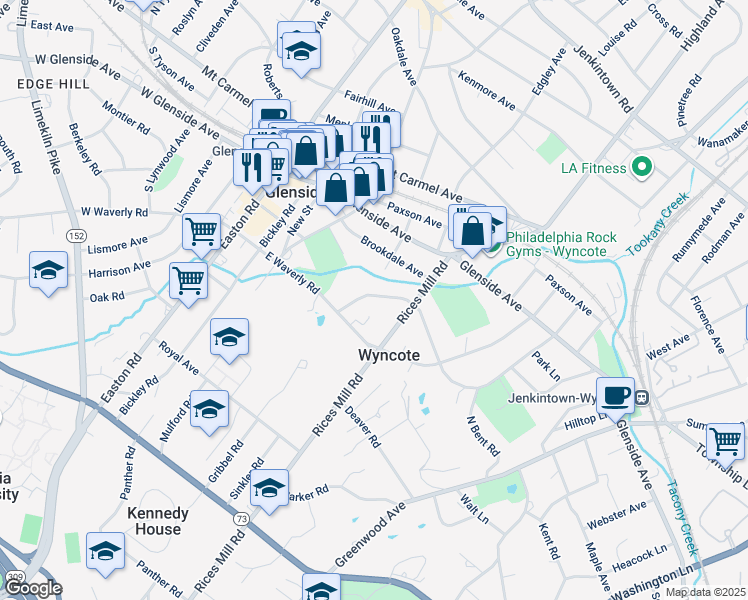 map of restaurants, bars, coffee shops, grocery stores, and more near 338 Hewett Road in Wyncote