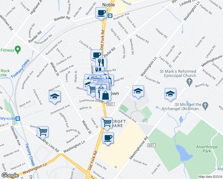 map of restaurants, bars, coffee shops, grocery stores, and more near in Jenkintown
