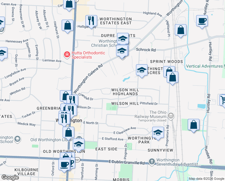 map of restaurants, bars, coffee shops, grocery stores, and more near 154 Glen Circle in Worthington