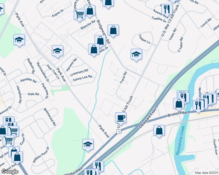 map of restaurants, bars, coffee shops, grocery stores, and more near 1124 Sheffield Court in Bensalem