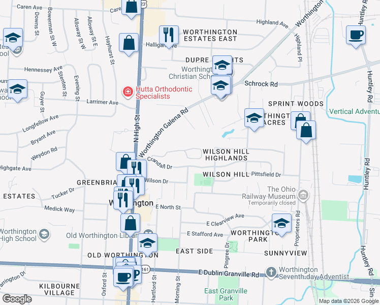 map of restaurants, bars, coffee shops, grocery stores, and more near 129 Glen Circle in Worthington