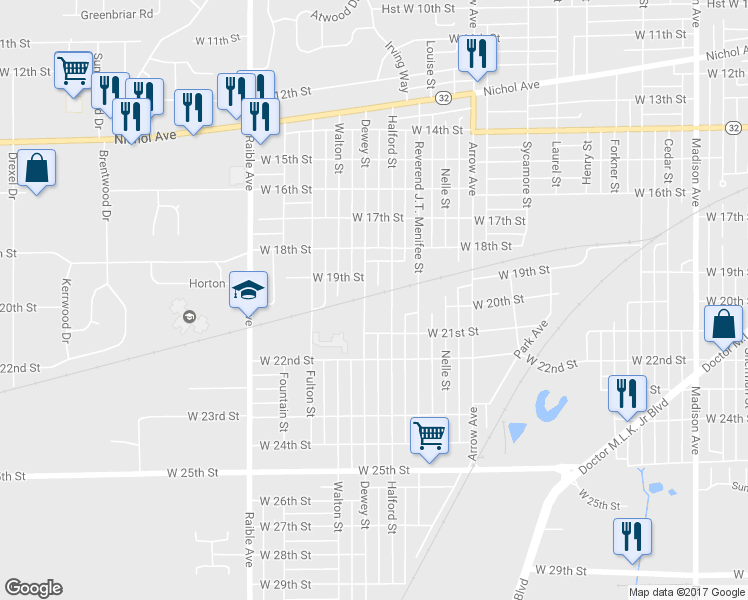 map of restaurants, bars, coffee shops, grocery stores, and more near 2010 Dewey Street in Anderson