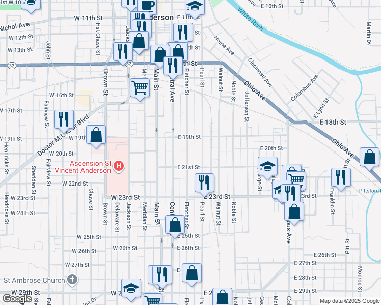map of restaurants, bars, coffee shops, grocery stores, and more near 2004 Fletcher Street in Anderson