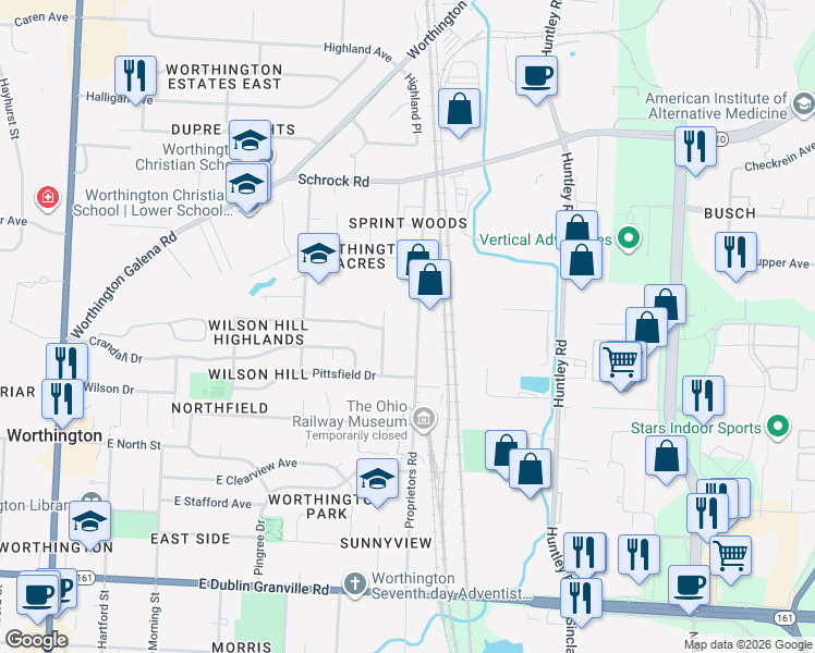 map of restaurants, bars, coffee shops, grocery stores, and more near 6381 Proprietors Road in Columbus
