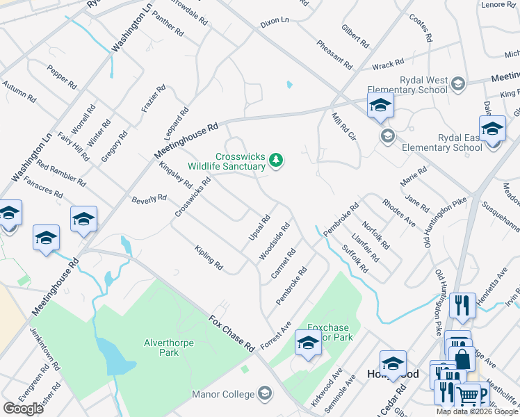 map of restaurants, bars, coffee shops, grocery stores, and more near 1011 Devon Road in Rydal