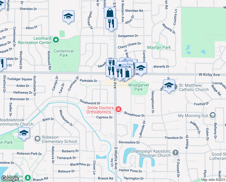 map of restaurants, bars, coffee shops, grocery stores, and more near 1619 South Mattis Avenue in Champaign