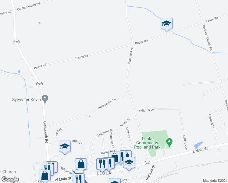 map of restaurants, bars, coffee shops, grocery stores, and more near 116 North Maple Avenue in Leacock-Leola-Bareville