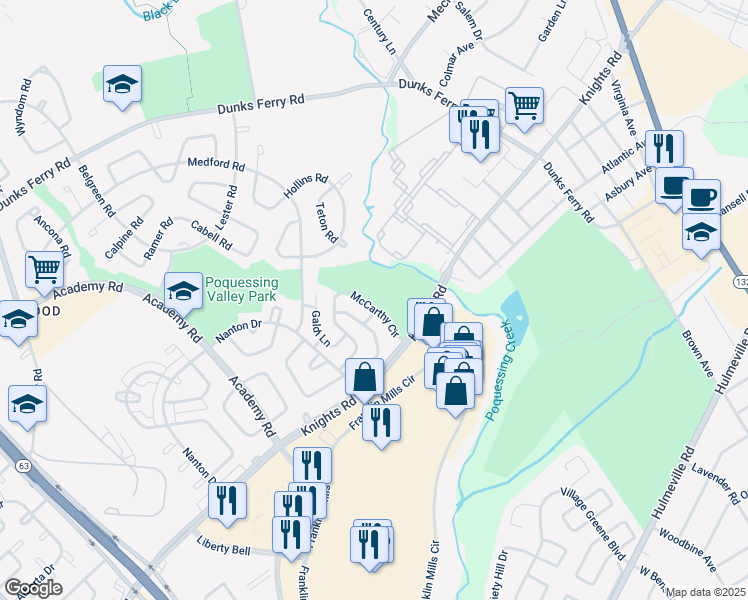 map of restaurants, bars, coffee shops, grocery stores, and more near 12854 McCarthy Circle in Philadelphia