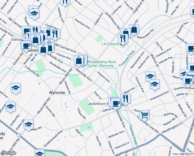 map of restaurants, bars, coffee shops, grocery stores, and more near 17 Waverly Road in Wyncote