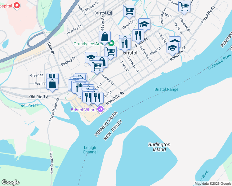 map of restaurants, bars, coffee shops, grocery stores, and more near 1027 Cedar Street in Bristol