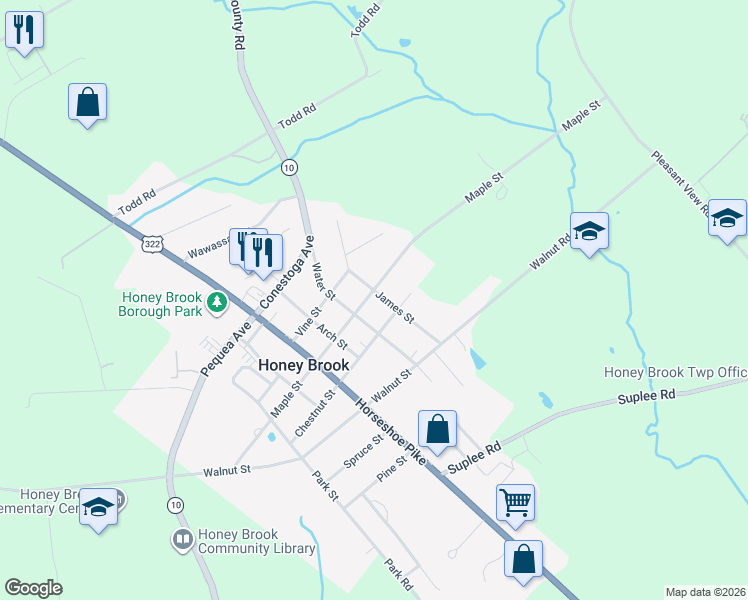 map of restaurants, bars, coffee shops, grocery stores, and more near 541 Maple Street in Honey Brook
