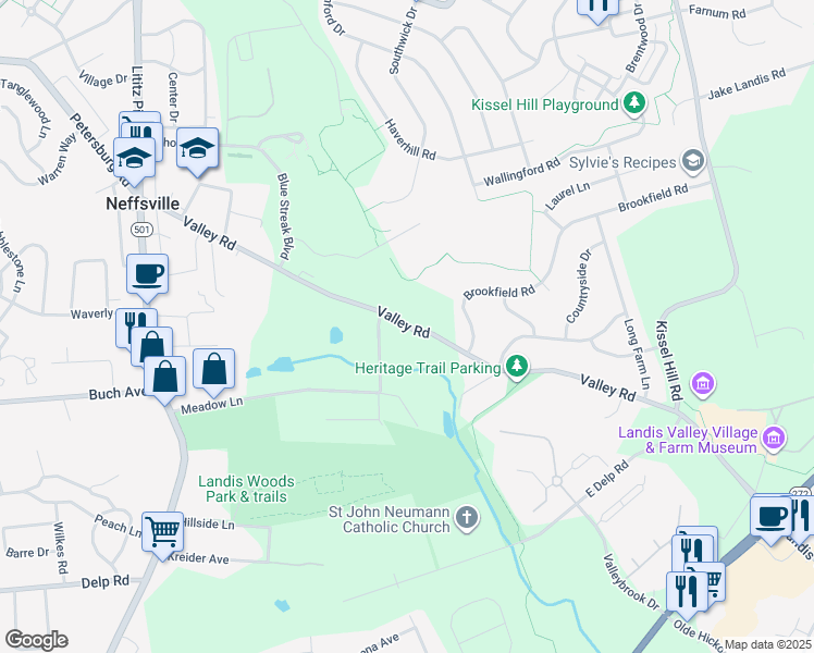 map of restaurants, bars, coffee shops, grocery stores, and more near 361 Valley Road in Lancaster