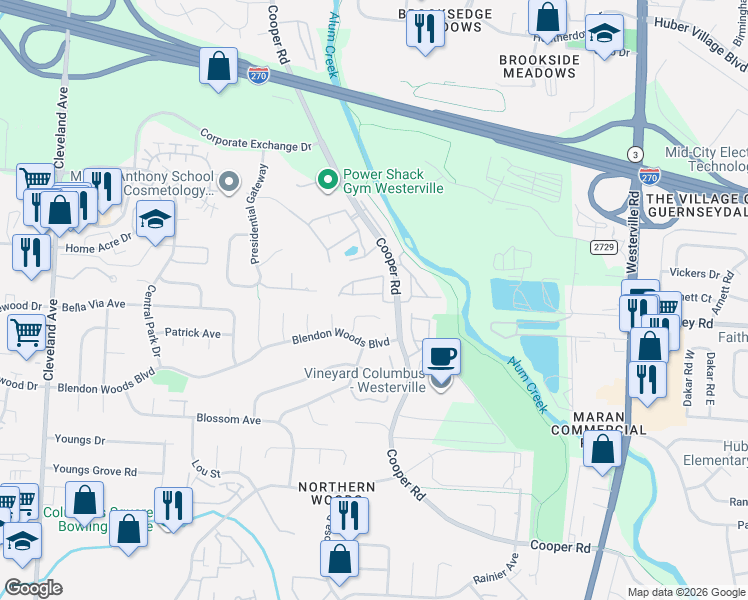 map of restaurants, bars, coffee shops, grocery stores, and more near 3067 Birch Hollow Way in Columbus
