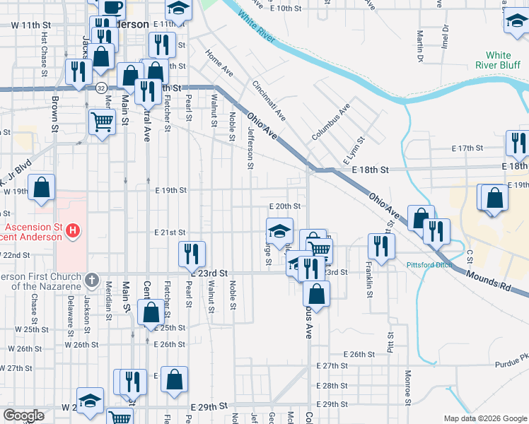 map of restaurants, bars, coffee shops, grocery stores, and more near 2003 George Street in Anderson