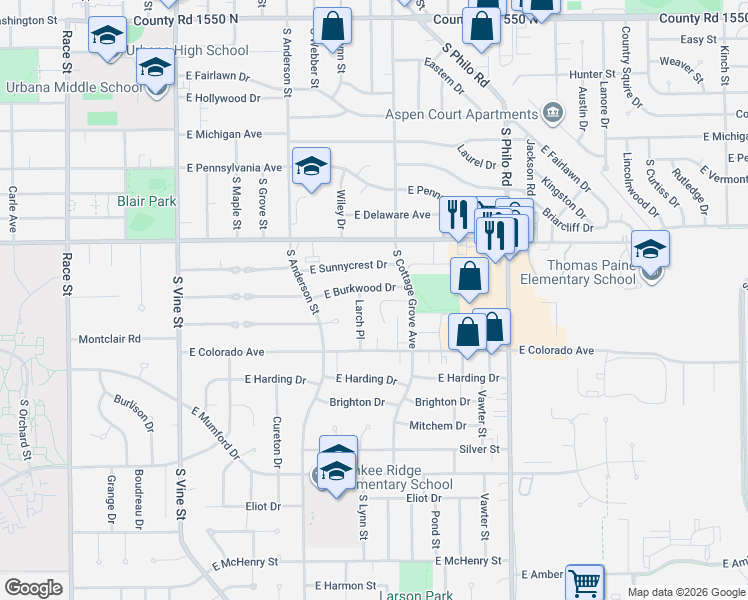 map of restaurants, bars, coffee shops, grocery stores, and more near 901 East Burkwood Drive in Urbana