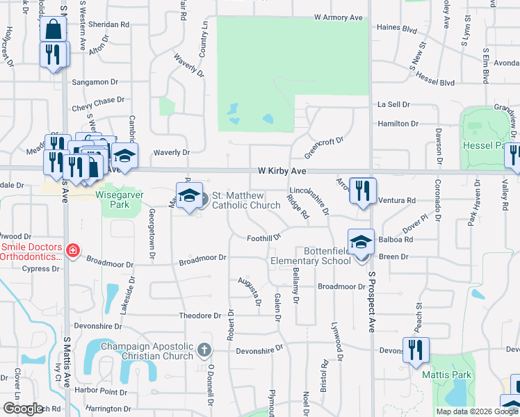 map of restaurants, bars, coffee shops, grocery stores, and more near 1705 Salem Road in Champaign
