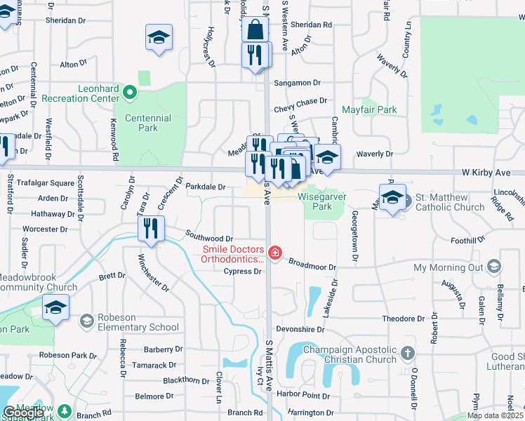 map of restaurants, bars, coffee shops, grocery stores, and more near 1619 South Mattis Avenue in Champaign