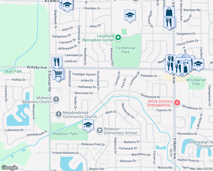 map of restaurants, bars, coffee shops, grocery stores, and more near 2404 Arden Court in Champaign