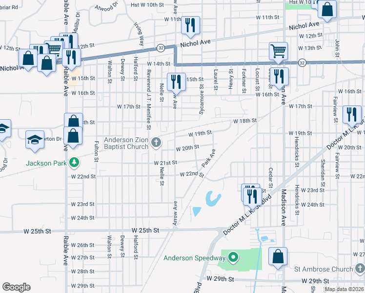 map of restaurants, bars, coffee shops, grocery stores, and more near 1632 West 20th Street in Anderson