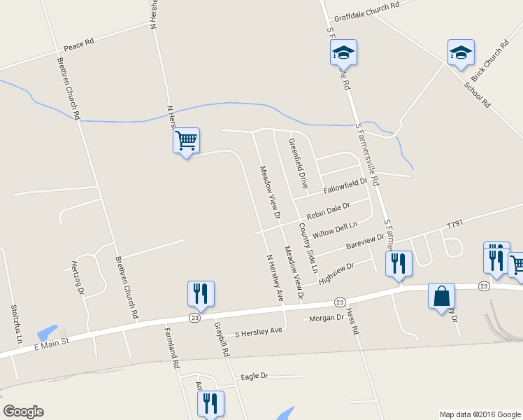 map of restaurants, bars, coffee shops, grocery stores, and more near 65 North Hershey Avenue in Leacock-Leola-Bareville