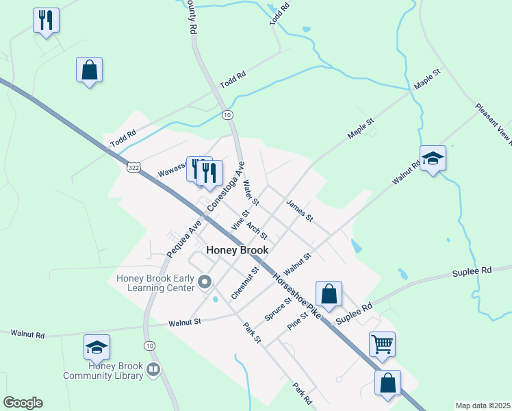 map of restaurants, bars, coffee shops, grocery stores, and more near 610 Vine Street in Honey Brook