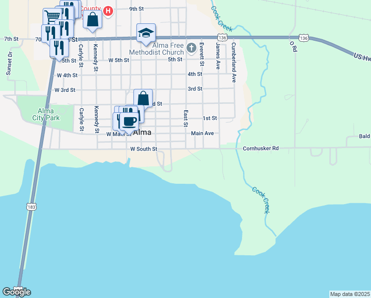 map of restaurants, bars, coffee shops, grocery stores, and more near 400 West South Street in Alma