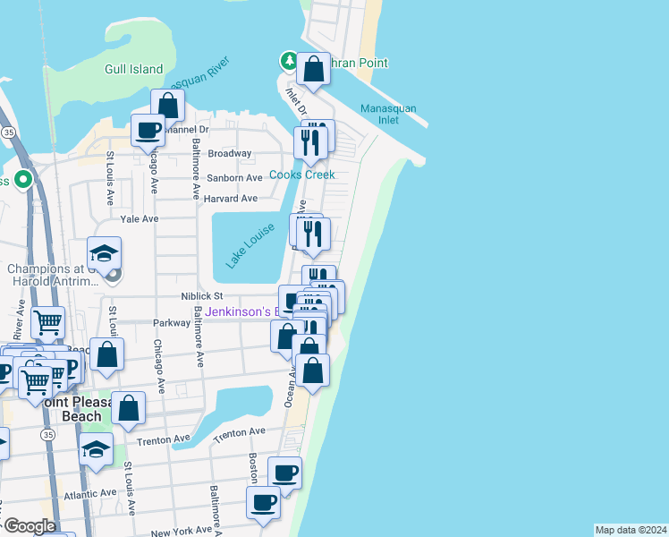 map of restaurants, bars, coffee shops, grocery stores, and more near 227 Boardwalk in Point Pleasant Beach